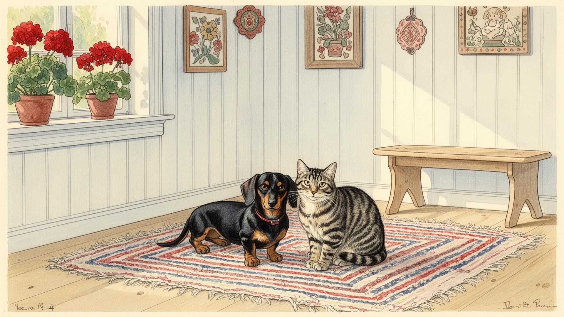 Carl Larsson-inspirerad akvarell av soligt svenskt hem